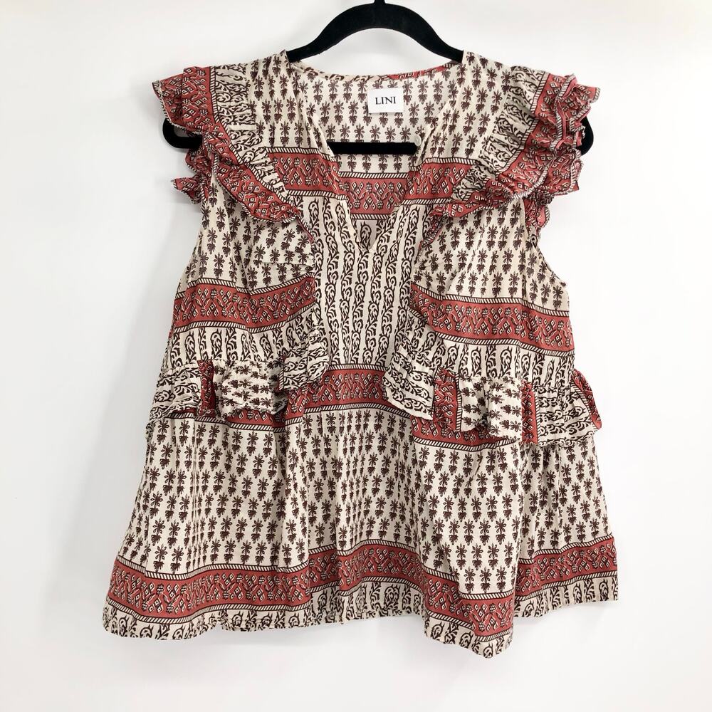 LINI Ruffle Flowy Boho Peasant Blouse 100% Cotton Top Made in India